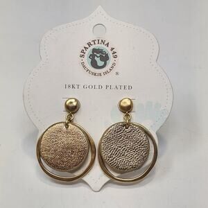 Spartina Spot On Leather 18k Brushed Gold Plated Earrings Dangle Post Round New